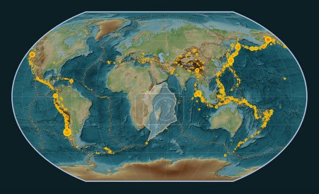 Téléchargez les photos : Plaque tectonique somalienne sur la carte d'altitude de style Wiki dans la projection Kavrayskiy VII centrée méridionale. Lieux des tremblements de terre de plus de 6,5 magnitude enregistrés depuis le début du 17ème siècle - en image libre de droit