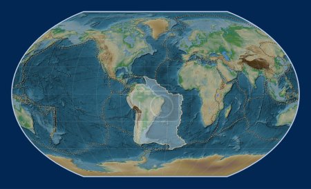Foto de Placa tectónica sudamericana en el mapa de elevación física en la proyección Kavrayskiy VII centrada meridionalmente. Límites de otras placas - Imagen libre de derechos