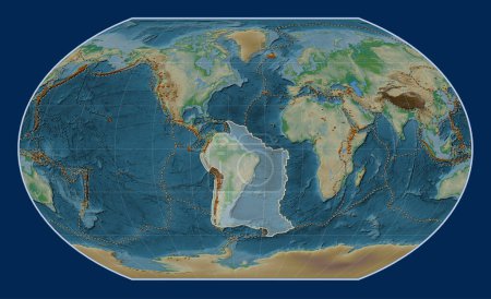 Téléchargez les photos : Plaque tectonique sud-américaine sur la carte physique de l'altitude dans la projection de Kavrayskiy VII centrée méridionale. Distribution des volcans connus - en image libre de droit