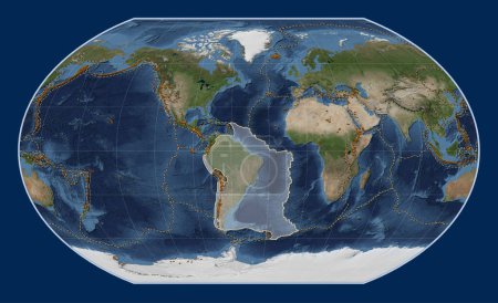 Foto de Placa tectónica sudamericana en el mapa satélite de mármol azul en la proyección de Kavrayskiy VII centrada meridionalmente. Distribución de volcanes conocidos - Imagen libre de derechos