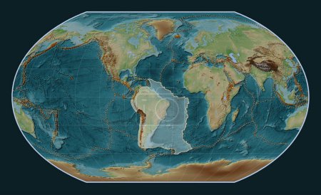 Photo for South American tectonic plate on the Wiki style elevation map in the Kavrayskiy VII projection centered meridionally. Distribution of known volcanoes - Royalty Free Image
