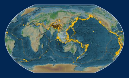 Téléchargez les photos : Plaque tectonique de la Sunda sur la carte physique de l'altitude dans la projection de Kavrayskiy VII centrée méridionale. Lieux des tremblements de terre de plus de 6,5 magnitude enregistrés depuis le début du 17ème siècle - en image libre de droit