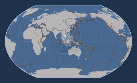 Téléchargez les photos : Plaque tectonique Sunda sur la carte de contour solide dans la projection Kavrayskiy VII centrée méridionale. Distribution des volcans connus - en image libre de droit