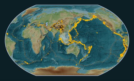 Téléchargez les photos : Plaque tectonique Sunda sur la carte d'élévation de style Wiki dans la projection Kavrayskiy VII centrée méridionale. Lieux des tremblements de terre de plus de 6,5 magnitude enregistrés depuis le début du 17ème siècle - en image libre de droit