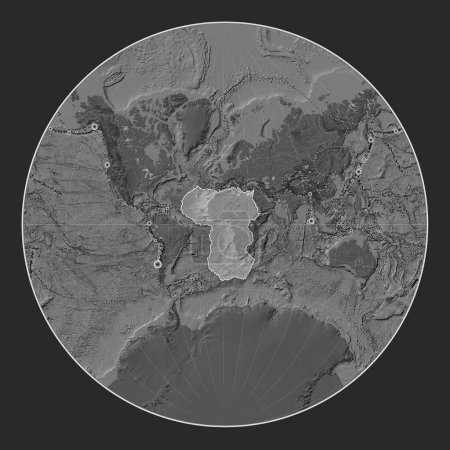 Foto de Placa tectónica africana en el mapa de elevación bilevel en la proyección de Lagrange centrada meridionalmente. Localizaciones de terremotos de magnitud superior a 6,5 registradas desde principios del siglo XVII - Imagen libre de derechos