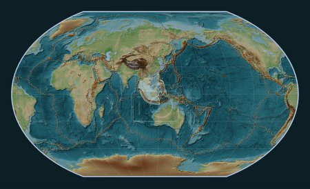 Téléchargez les photos : Plaque tectonique Sunda sur la carte d'élévation de style Wiki dans la projection Kavrayskiy VII centrée méridionale. Distribution des volcans connus - en image libre de droit