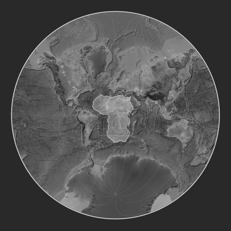 Téléchargez les photos : Plaque tectonique africaine sur la carte d'altitude en niveaux de gris dans la projection Lagrange Oblique centrée méridionale et latitudinale. Limites des autres plaques - en image libre de droit
