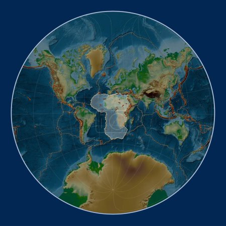 Téléchargez les photos : Plaque tectonique africaine sur la carte physique d'altitude dans la projection Lagrange Oblique centrée méridionale et latitudinale. Distribution des volcans connus - en image libre de droit