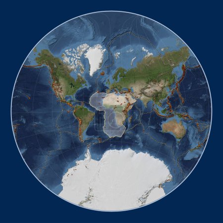 Foto de Placa tectónica africana en el mapa satélite de mármol azul en la proyección Lagrange Oblique centrada meridional y latitudinalmente. Distribución de volcanes conocidos - Imagen libre de derechos