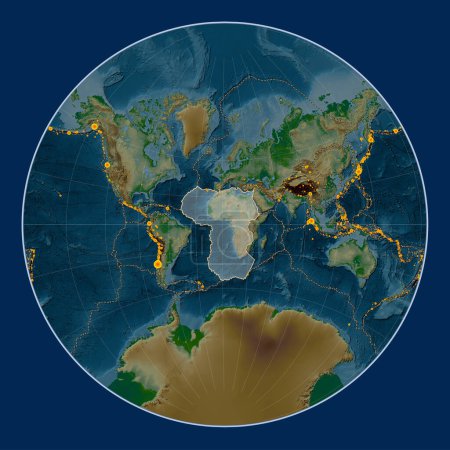Foto de Placa tectónica africana en el mapa de elevación física en la proyección de Lagrange centrada meridionalmente. Localizaciones de terremotos de magnitud superior a 6,5 registradas desde principios del siglo XVII - Imagen libre de derechos