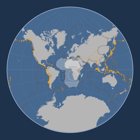 Foto de Placa tectónica africana en el mapa de contorno sólido en la proyección de Lagrange centrada meridionalmente. Localizaciones de terremotos de magnitud superior a 6,5 registradas desde principios del siglo XVII - Imagen libre de derechos