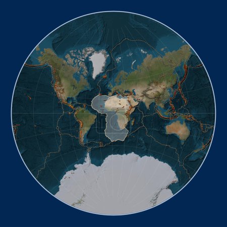 Foto de Placa tectónica africana en el mapa satélite de mármol azul en la proyección de Lagrange centrada meridionalmente. Distribución de volcanes conocidos - Imagen libre de derechos
