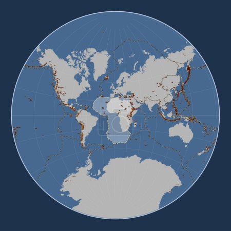 Foto de Placa tectónica africana en el mapa de contorno sólido en la proyección de Lagrange centrada meridionalmente. Distribución de volcanes conocidos - Imagen libre de derechos