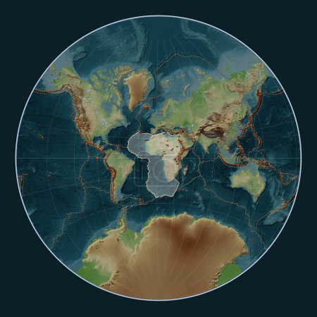 Téléchargez les photos : Plaque tectonique africaine sur la carte d'élévation de style Wiki dans la projection Lagrange centrée méridionale. Distribution des volcans connus - en image libre de droit
