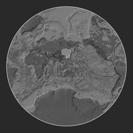 Photo for Amur tectonic plate on the bilevel elevation map in the Lagrange projection centered meridionally. Boundaries of other plates - Royalty Free Image