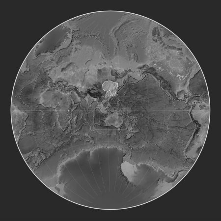 Photo for Amur tectonic plate on the grayscale elevation map in the Lagrange projection centered meridionally. Boundaries of other plates - Royalty Free Image