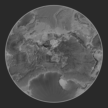 Foto de Placa tectónica de Amur en el mapa de elevación a escala de grises en la proyección de Lagrange centrada meridionalmente. Localizaciones de terremotos de magnitud superior a 6,5 registradas desde principios del siglo XVII - Imagen libre de derechos