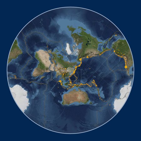 Photo for Amur tectonic plate on the Blue Marble satellite map in the Lagrange Oblique projection centered meridionally and latitudinally. Locations of earthquakes above 6.5 magnitude recorded since the early 17th century - Royalty Free Image
