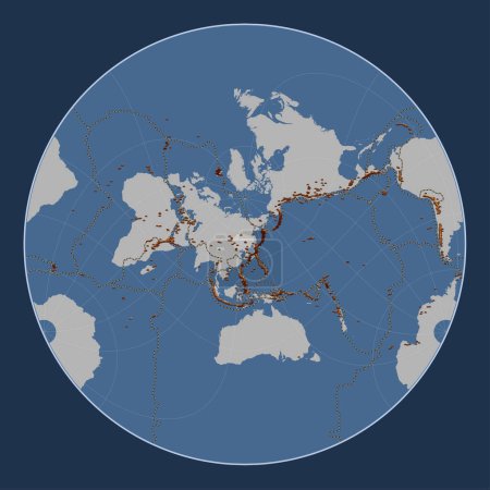 Téléchargez les photos : Plaque tectonique Amour sur la carte de contour solide dans la projection Lagrange Oblique centrée méridionale et latitudinale. Distribution des volcans connus - en image libre de droit