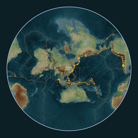 Foto de Placa tectónica Amur en el mapa de elevación de estilo Wiki en la proyección Lagrange Oblique centrada meridional y latitudinalmente. Localizaciones de terremotos de magnitud superior a 6,5 registradas desde principios del siglo XVII - Imagen libre de derechos