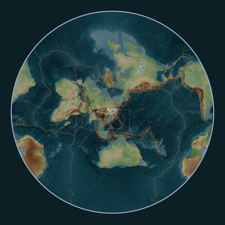 Foto de Placa tectónica Amur en el mapa de elevación de estilo Wiki en la proyección Lagrange Oblique centrada meridional y latitudinalmente. Distribución de volcanes conocidos - Imagen libre de derechos