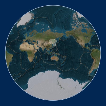 Foto de Placa tectónica de Amur en el mapa satélite de mármol azul en la proyección de Lagrange centrada meridionalmente. Límites de otras placas - Imagen libre de derechos