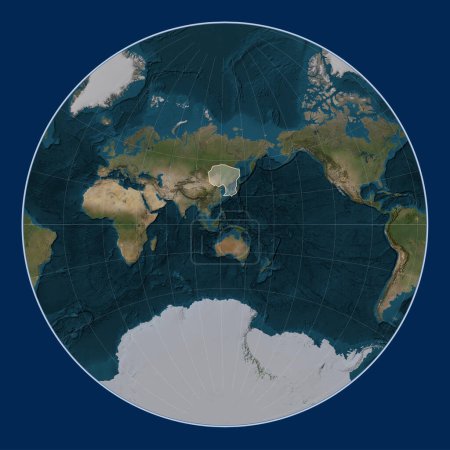 Foto de Placa tectónica de Amur en el mapa satélite de mármol azul en la proyección de Lagrange centrada meridionalmente. - Imagen libre de derechos
