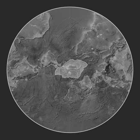 Téléchargez les photos : Plaque tectonique antarctique sur la carte d'altitude en niveaux de gris dans la projection Lagrange Oblique centrée méridionale et latitudinale. Lieux des tremblements de terre de plus de 6,5 magnitude enregistrés depuis le début du 17ème siècle - en image libre de droit