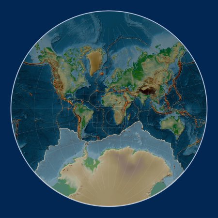 Photo for Antarctica tectonic plate on the physical elevation map in the Lagrange projection centered meridionally. Distribution of known volcanoes - Royalty Free Image