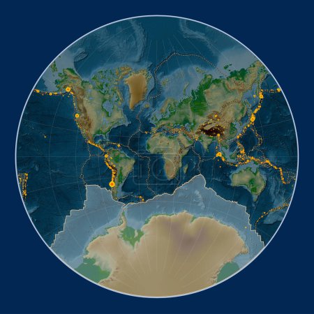 Foto de Placa tectónica antártica en el mapa de elevación física en la proyección de Lagrange centrada meridionalmente. Localizaciones de terremotos de magnitud superior a 6,5 registradas desde principios del siglo XVII - Imagen libre de derechos
