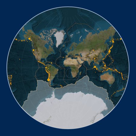 Foto de Placa tectónica antártica en el mapa satélite de mármol azul en la proyección de Lagrange centrada meridionalmente. Localizaciones de terremotos de magnitud superior a 6,5 registradas desde principios del siglo XVII - Imagen libre de derechos