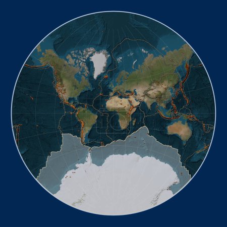 Photo for Antarctica tectonic plate on the Blue Marble satellite map in the Lagrange projection centered meridionally. Distribution of known volcanoes - Royalty Free Image