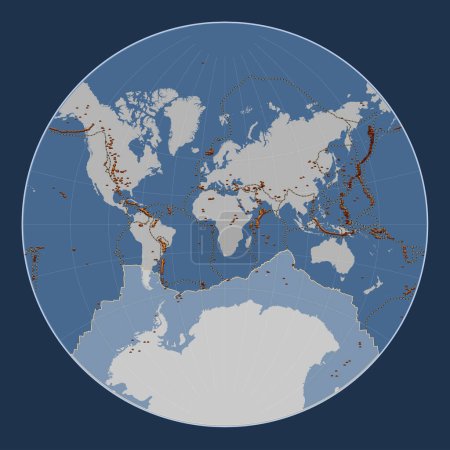 Foto de Placa tectónica antártica en el mapa de contorno sólido en la proyección de Lagrange centrada meridionalmente. Distribución de volcanes conocidos - Imagen libre de derechos