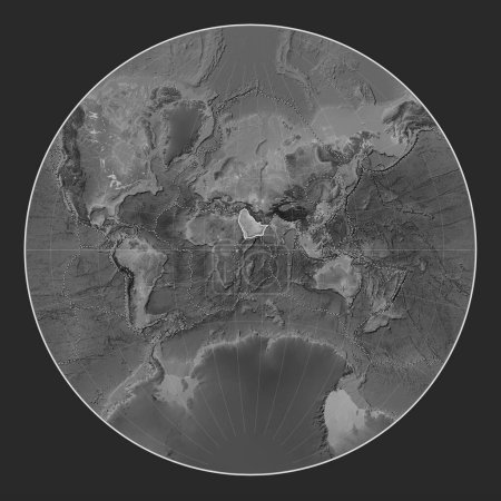 Photo for Arabian tectonic plate on the grayscale elevation map in the Lagrange projection centered meridionally. Boundaries of other plates - Royalty Free Image