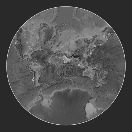 Photo for Arabian tectonic plate on the grayscale elevation map in the Lagrange projection centered meridionally. Locations of earthquakes above 6.5 magnitude recorded since the early 17th century - Royalty Free Image