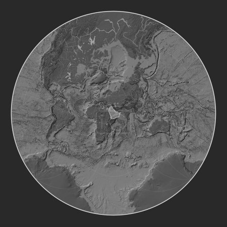 Photo for Arabian tectonic plate on the bilevel elevation map in the Lagrange Oblique projection centered meridionally and latitudinally. Boundaries of other plates - Royalty Free Image