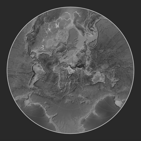 Photo for Arabian tectonic plate on the grayscale elevation map in the Lagrange Oblique projection centered meridionally and latitudinally. Boundaries of other plates - Royalty Free Image