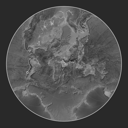 Photo for Arabian tectonic plate on the grayscale elevation map in the Lagrange Oblique projection centered meridionally and latitudinally. Locations of earthquakes above 6.5 magnitude recorded since the early 17th century - Royalty Free Image