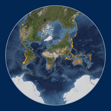 Téléchargez les photos : Plaque tectonique arabe sur la carte satellite Blue Marble dans la projection Lagrange Oblique centrée méridionale et latitudinale. Lieux des tremblements de terre de plus de 6,5 magnitude enregistrés depuis le début du 17ème siècle - en image libre de droit
