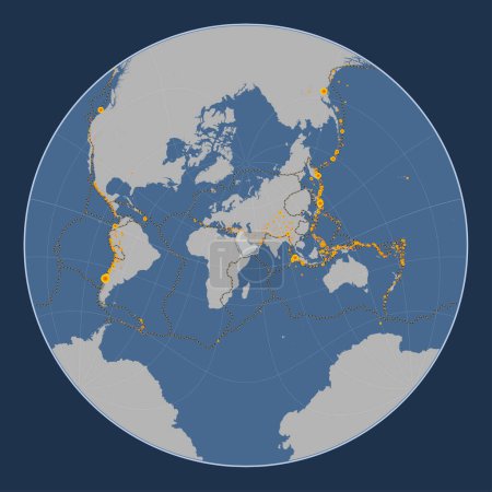 Téléchargez les photos : Plaque tectonique arabe sur la carte de contour solide dans la projection Lagrange Oblique centrée méridionale et latitudinale. Lieux des tremblements de terre de plus de 6,5 magnitude enregistrés depuis le début du 17ème siècle - en image libre de droit
