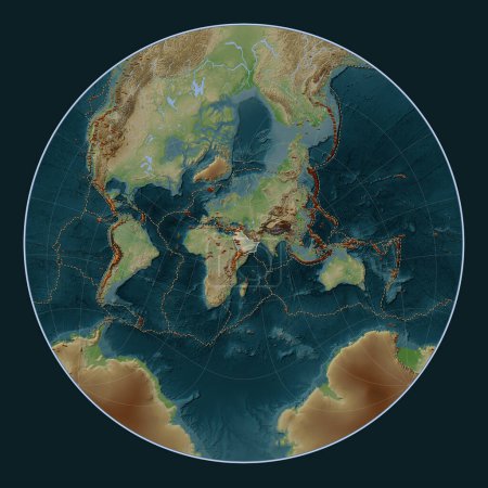 Téléchargez les photos : Plaque tectonique arabe sur la carte d'altitude de style Wiki dans la projection Lagrange Oblique centrée méridionale et latitudinale. Distribution des volcans connus - en image libre de droit