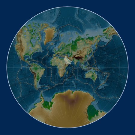 Photo for Arabian tectonic plate on the physical elevation map in the Lagrange projection centered meridionally. Boundaries of other plates - Royalty Free Image