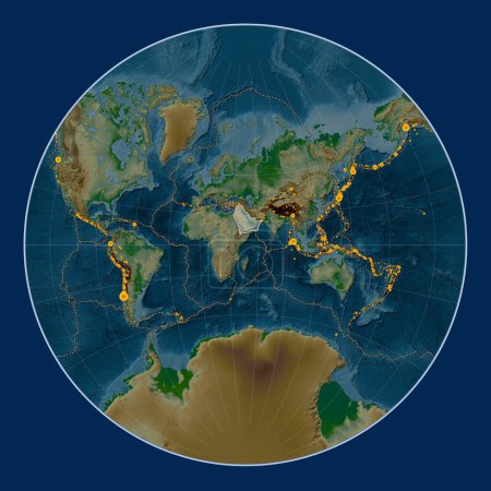 Photo for Arabian tectonic plate on the physical elevation map in the Lagrange projection centered meridionally. Locations of earthquakes above 6.5 magnitude recorded since the early 17th century - Royalty Free Image