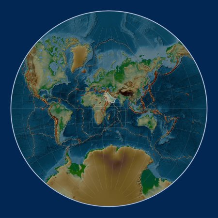 Photo for Arabian tectonic plate on the physical elevation map in the Lagrange projection centered meridionally. Distribution of known volcanoes - Royalty Free Image