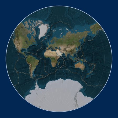 Photo for Arabian tectonic plate on the Blue Marble satellite map in the Lagrange projection centered meridionally. Boundaries of other plates - Royalty Free Image