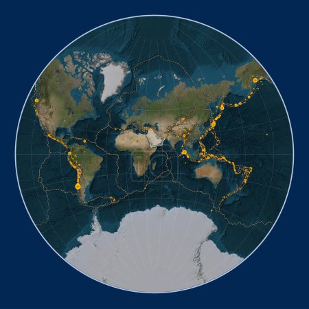 Foto de Placa tectónica árabe en el mapa satélite de mármol azul en la proyección de Lagrange centrada meridionalmente. Localizaciones de terremotos de magnitud superior a 6,5 registradas desde principios del siglo XVII - Imagen libre de derechos