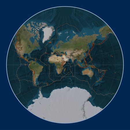 Foto de Placa tectónica árabe en el mapa satélite de mármol azul en la proyección de Lagrange centrada meridionalmente. Distribución de volcanes conocidos - Imagen libre de derechos