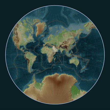 Photo for Arabian tectonic plate on the Wiki style elevation map in the Lagrange projection centered meridionally. Boundaries of other plates - Royalty Free Image