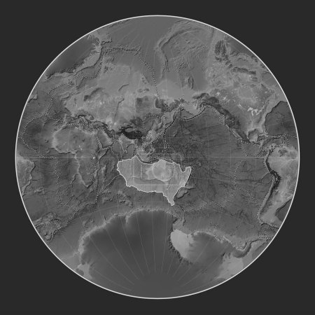 Téléchargez les photos : Plaque tectonique australienne sur la carte d'altitude en niveaux de gris dans la projection de Lagrange centrée méridionale. Limites des autres plaques - en image libre de droit
