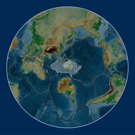 Téléchargez les photos : Plaque tectonique australienne sur la carte physique d'altitude dans la projection Lagrange Oblique centrée méridionale et latitudinale. Limites des autres plaques - en image libre de droit